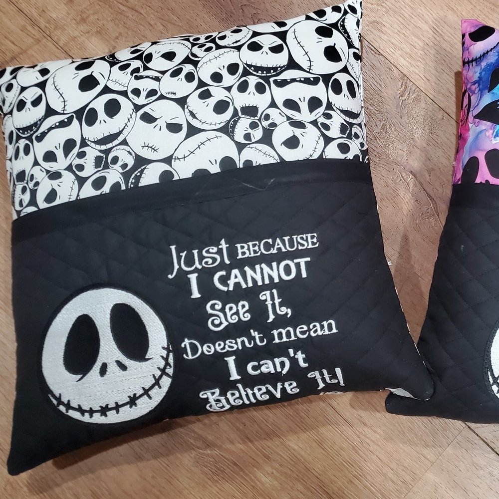 Jack Skellinton Blk/Wht Reading Book Pocket Pillow.  16"x16"